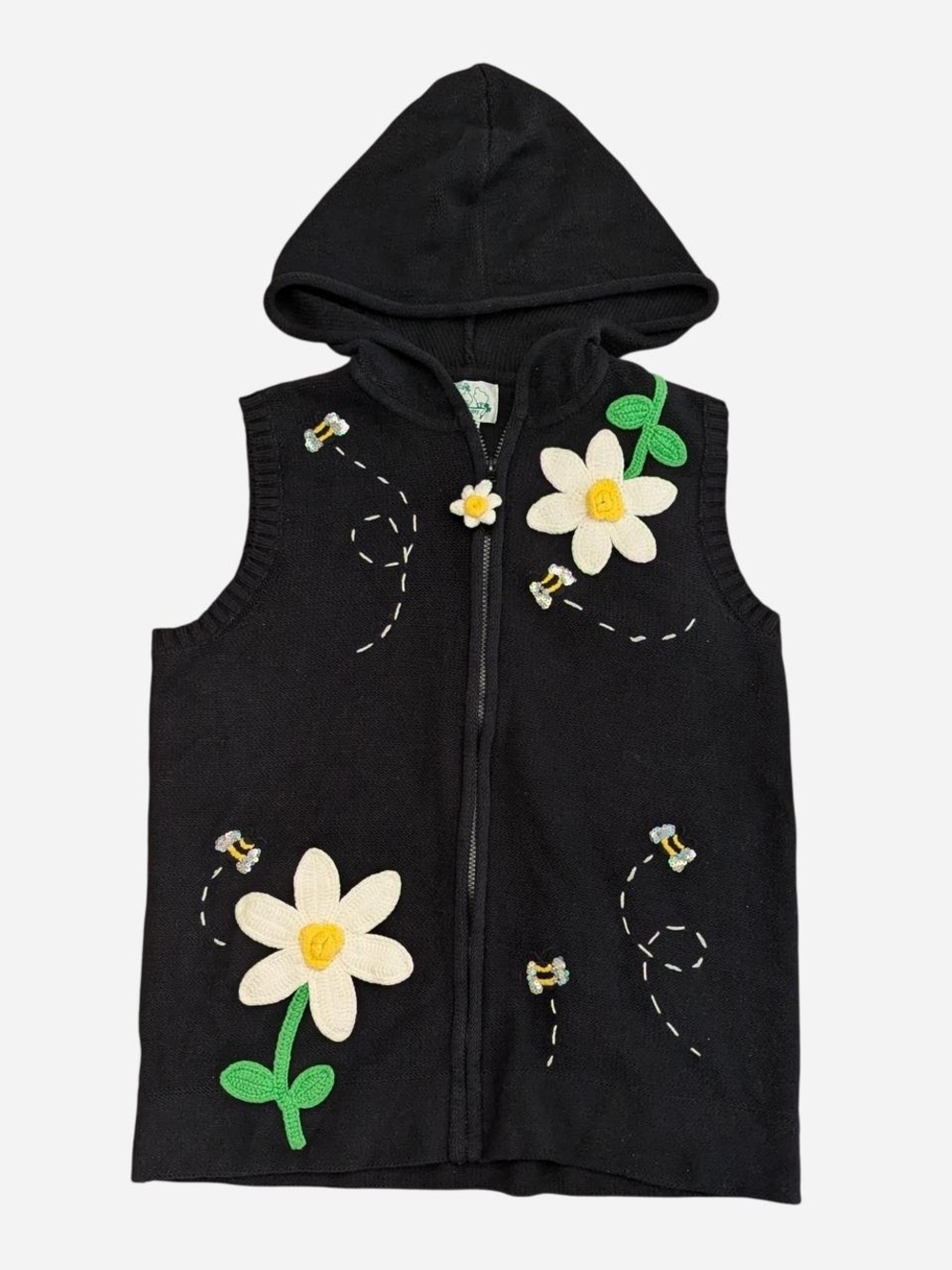 Quacker Factory Black Hooded Knit Vest - Flowers And Bees